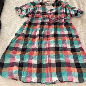 BNWT Isabel Maternity Dolman Colorful Plaid Button Up Shirt Tunic Dress